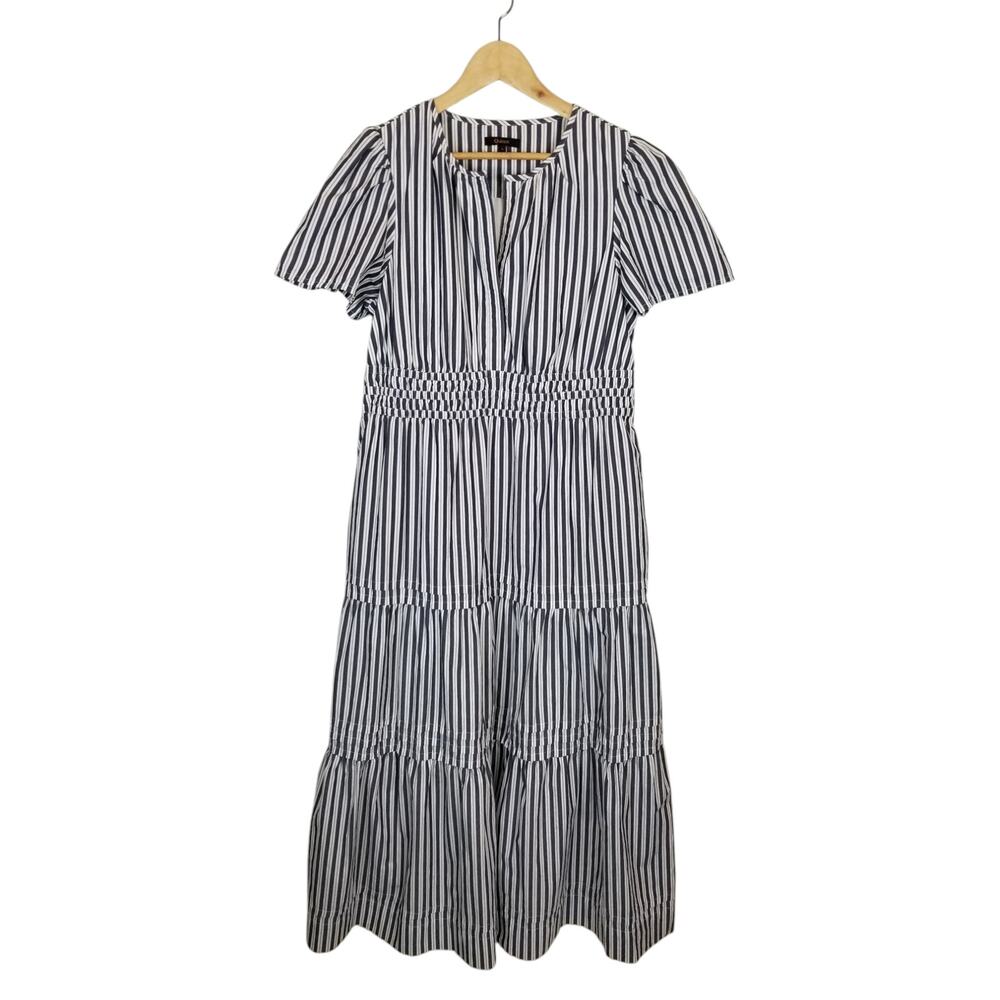 Quince Womens 100% Organic Cotton Poplin Tiered Maxi Dress Hudson Stripe Large - Picture 2 of 8